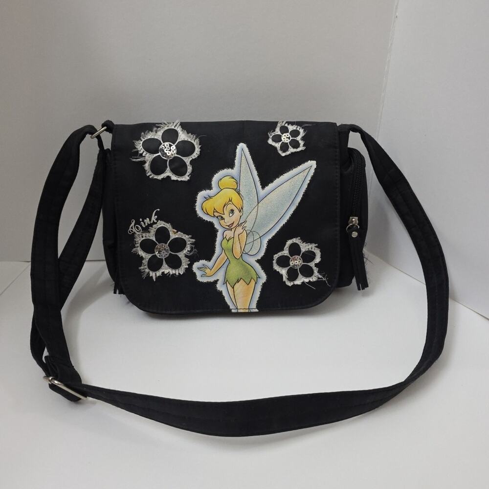 Disney Tinker Bell Crossbody Messenger Bag Black Floral Fairy Purse